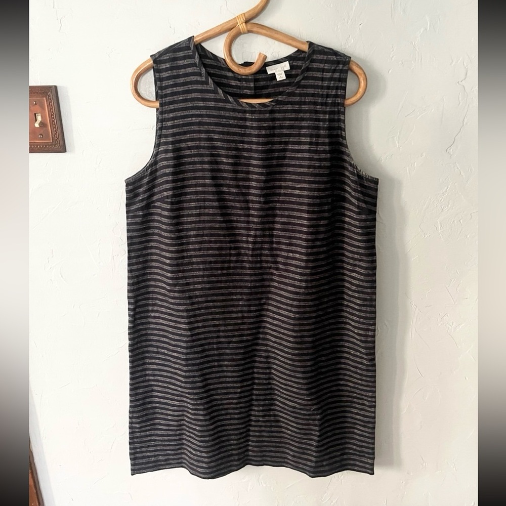 100% Linen J. Jill Dress | Modest Tank Stripes Navy Blue Casual Lagenlook Preppy